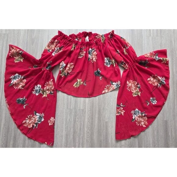 Live 4 Truth Red Floral Off Shoulder Peasant Blouse Bell Sleeve Boho Top L - Picture 8 of 10